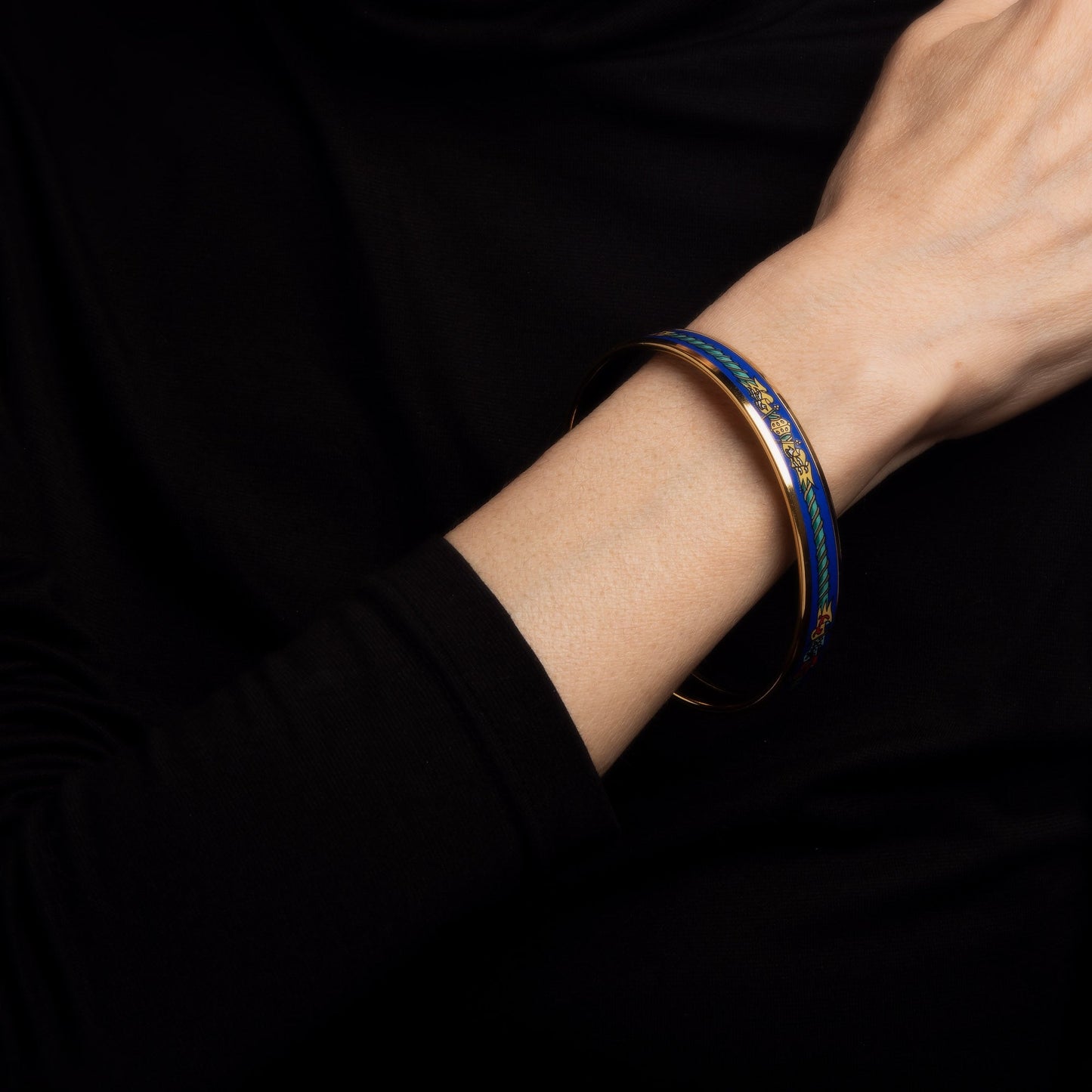Hermes Enamel Bangle Bracelet Narrow 65 GM Flags Royal Blue Print 1990s