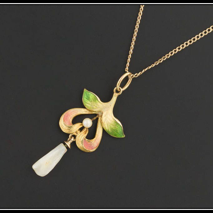 Antique Enamel and Pearl Pendant of 10k Gold