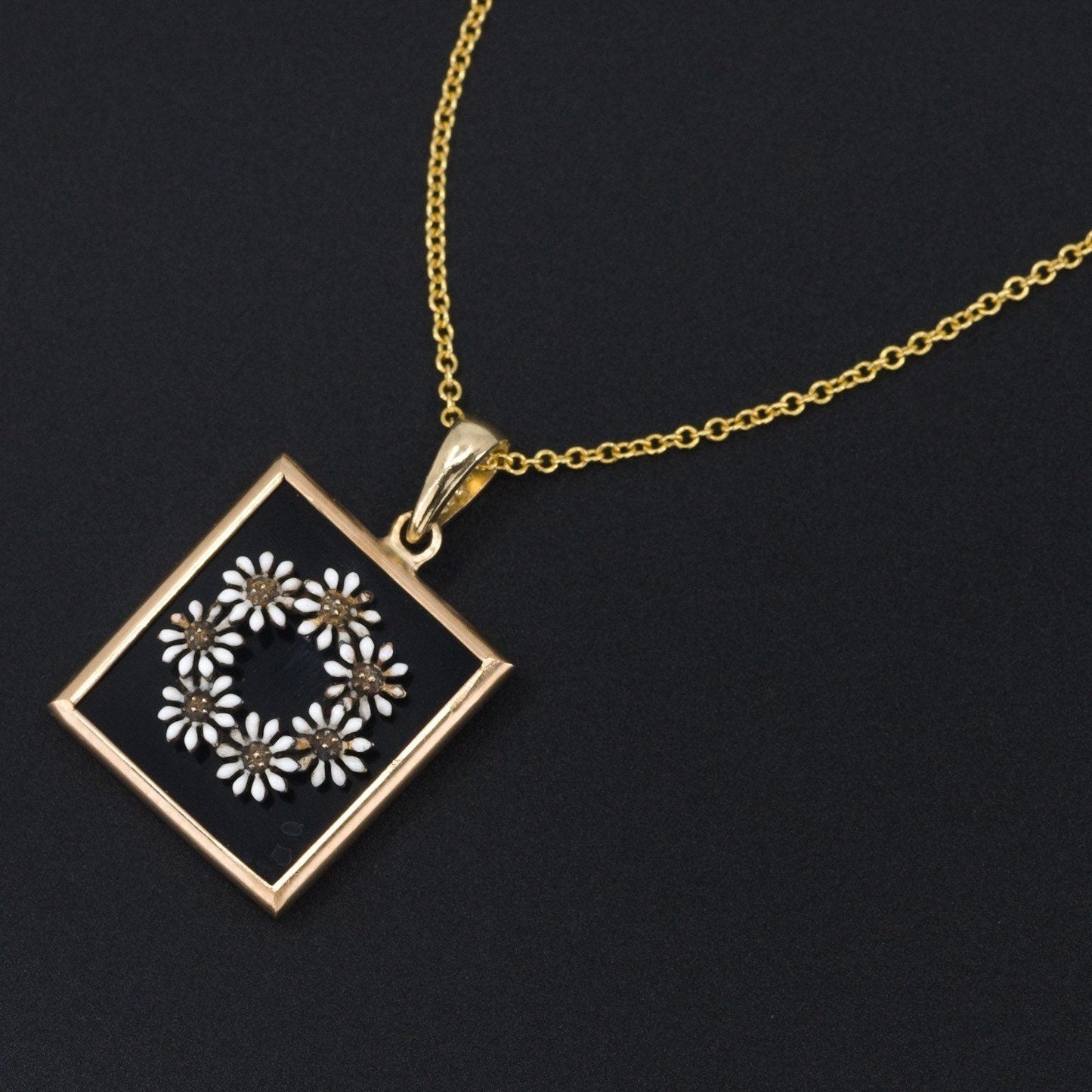Antique Enamel Daisy on Onyx Conversion Pendant of 14k Gold