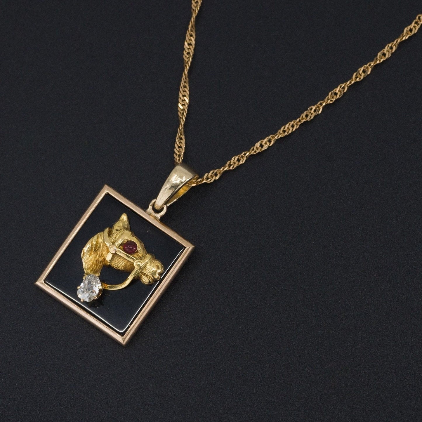 Antique Diamond and Onyx Horse Pendant of 14k Gold