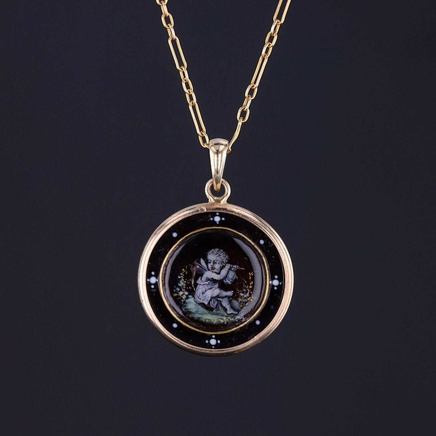 Antique Enamel Cherub Conversion Pendant of 14k Gold