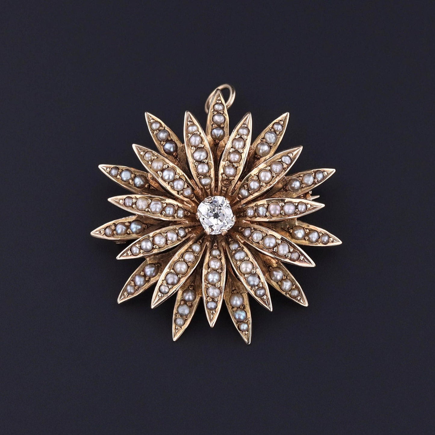 Antique Diamond Flower Brooch or Pendant of 10k Gold