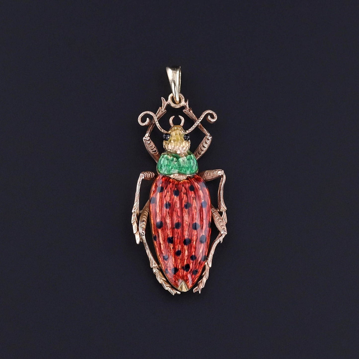 Antique Enamel Beetle Pendant of 14k Gold