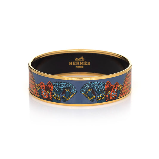 Hermes Enamel Bracelet Wide 65 PM Equestrian Horse Pattern Blue Orange Bangle