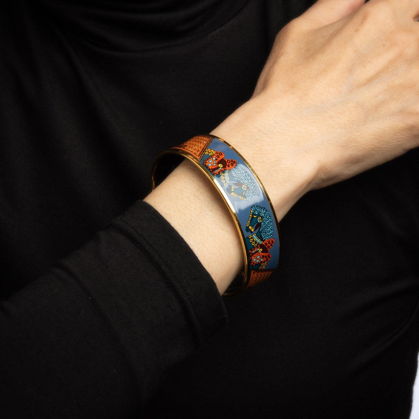 Hermes Enamel Bracelet Wide 65 PM Equestrian Horse Pattern Blue Orange Bangle