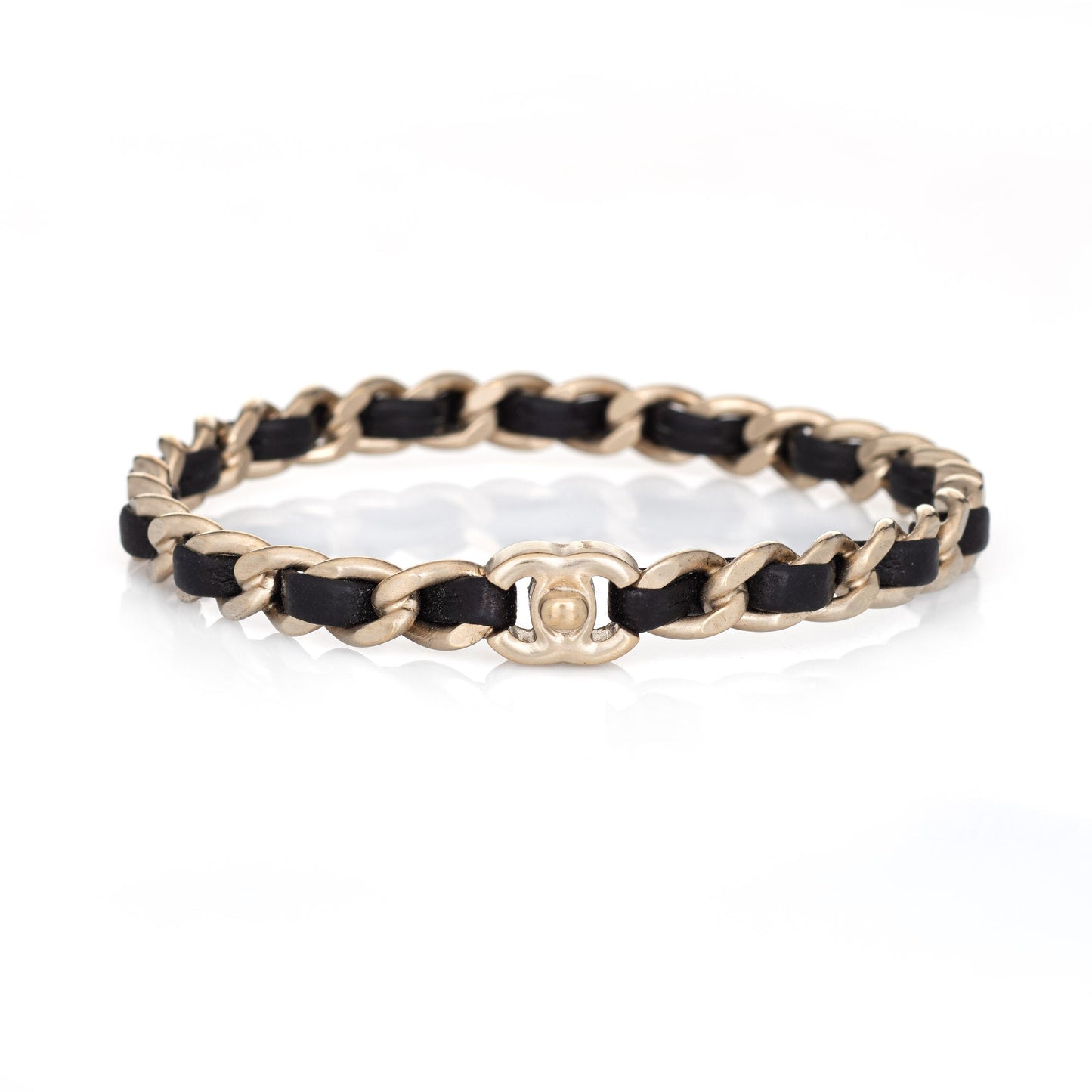 Chanel Turnlock Bangle Bracelet Black Leather Chain Link CC Logo