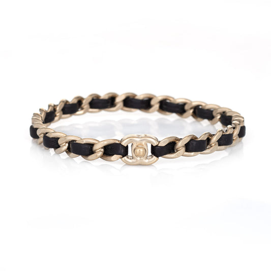 Chanel Turnlock Bangle Bracelet Black Leather Chain Link CC Logo