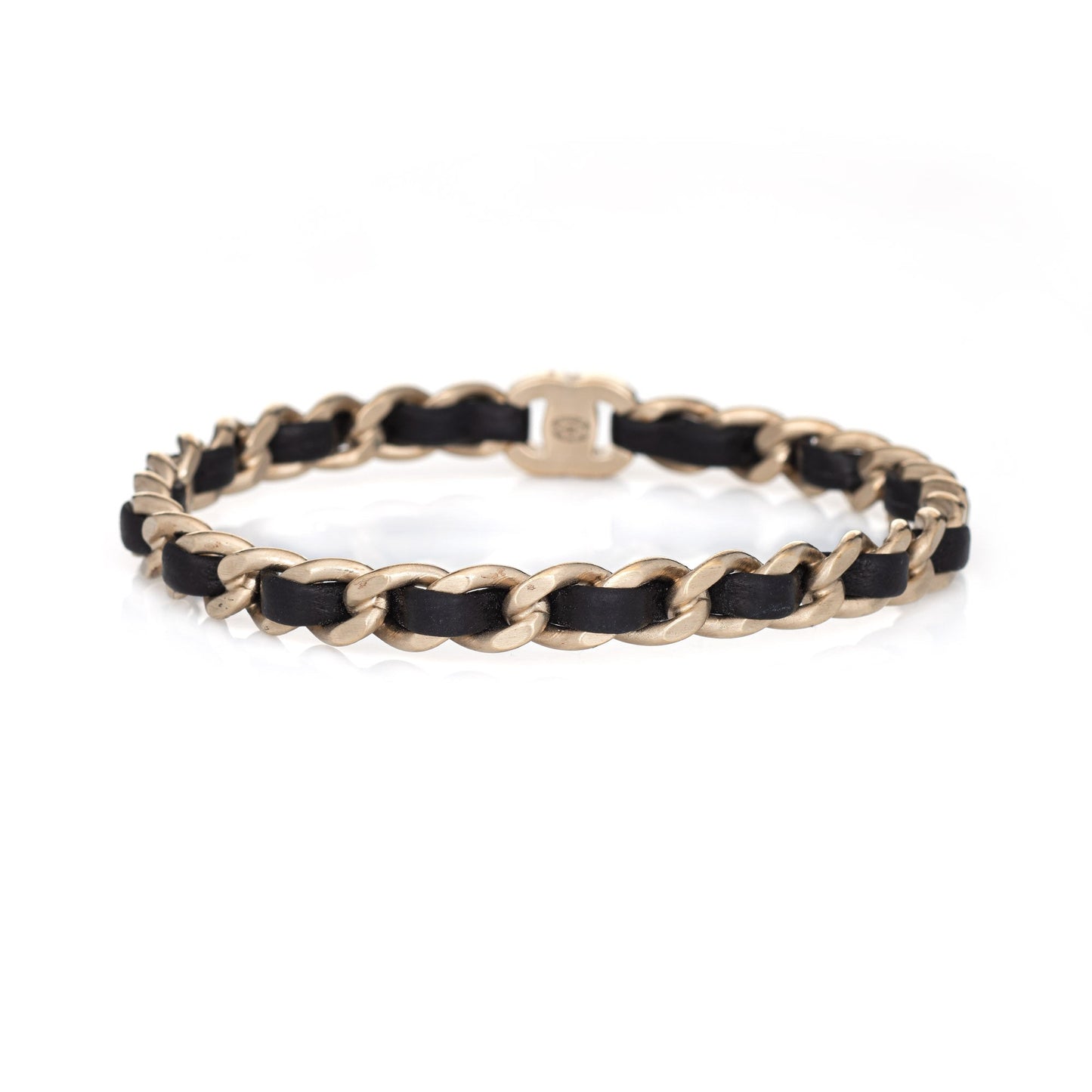 Chanel Turnlock Bangle Bracelet Black Leather Chain Link CC Logo