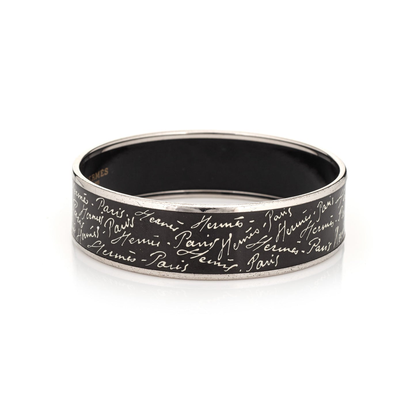 Hermes Enamel Bangle Bracelet Wide 65 PM Black White Script Paris