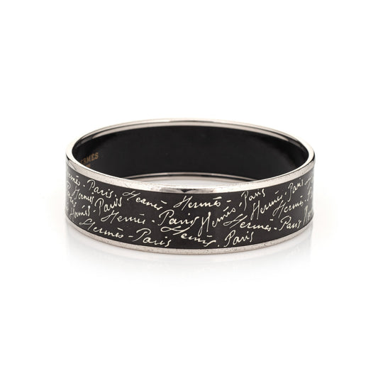 Hermes Enamel Bangle Bracelet Wide 65 PM Black White Script Paris