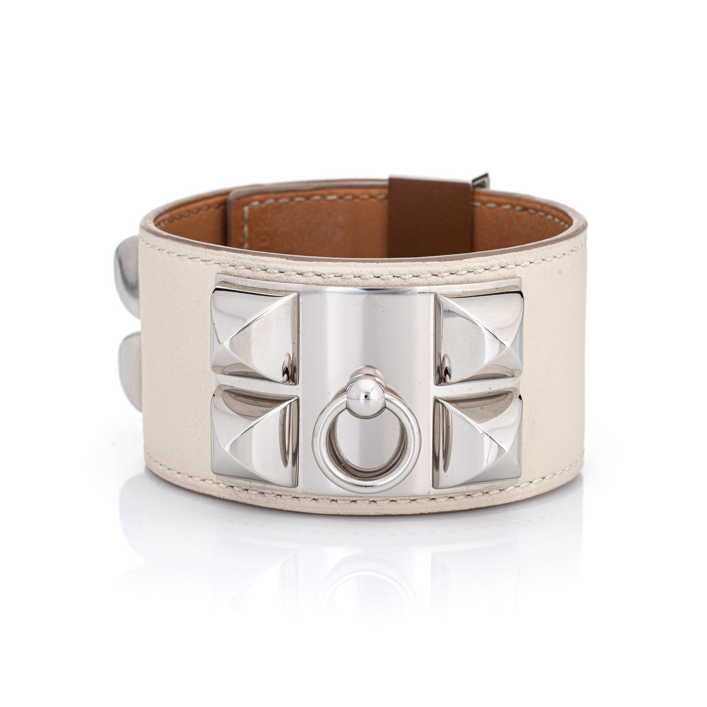 Hermes Bracelet CDC Collier de Chien Cuff White Leather Palladium Plate Sz L