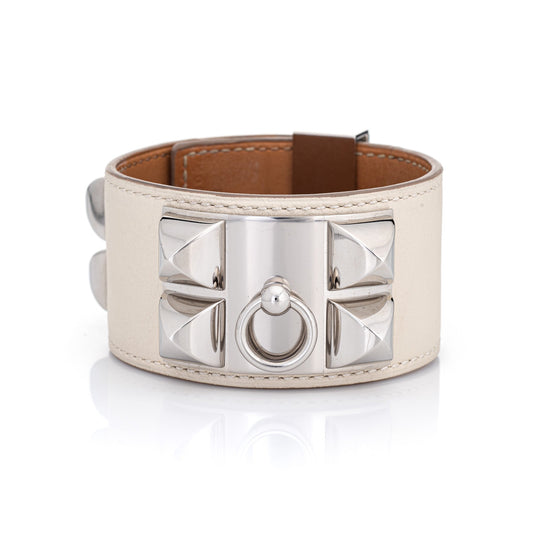 Hermes Bracelet CDC Collier de Chien Cuff White Leather Palladium Plate Sz L