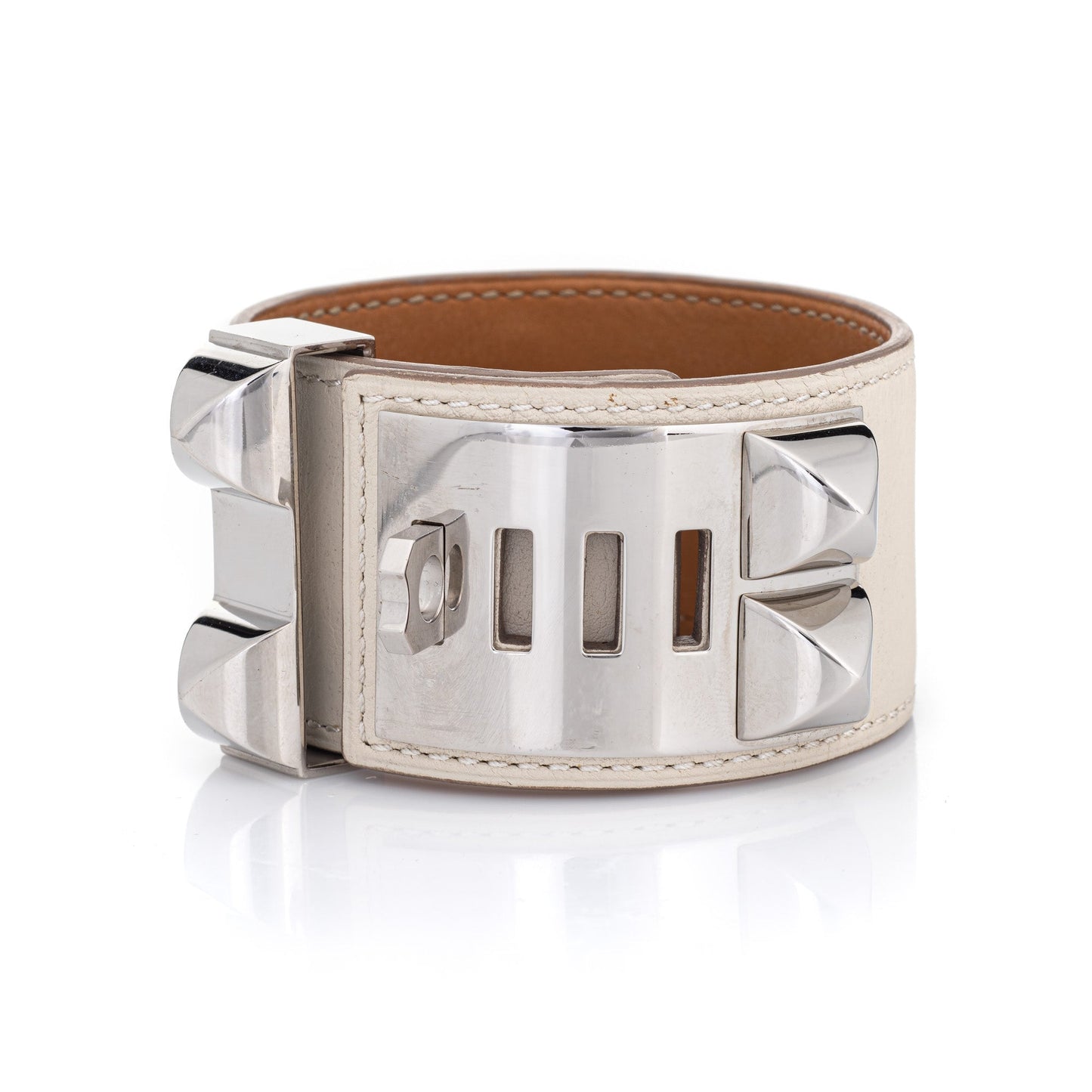 Hermes Bracelet CDC Collier de Chien Cuff White Leather Palladium Plate Sz L