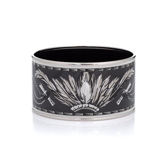 Hermes Enamel Bangle Bracelet Extra Wide 65 PM Feather Pattern Black White