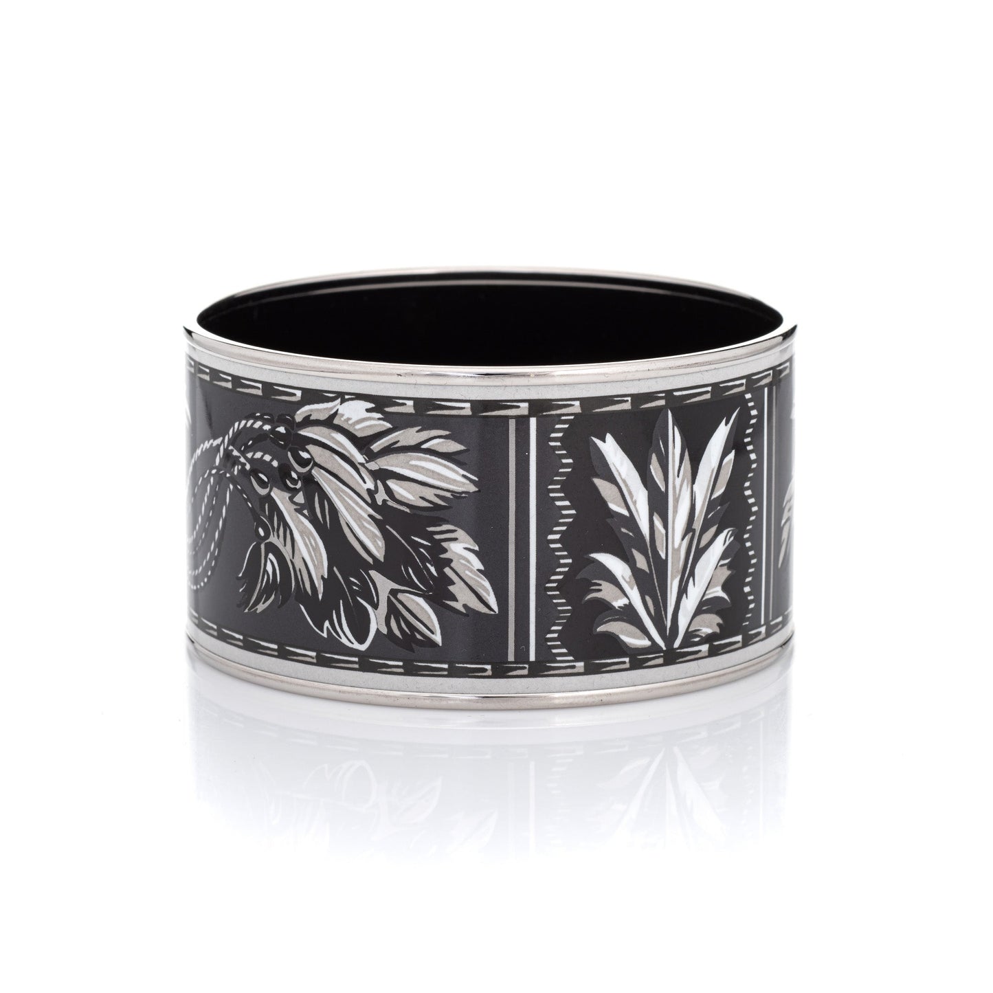 Hermes Enamel Bangle Bracelet Extra Wide 65 PM Feather Pattern Black White
