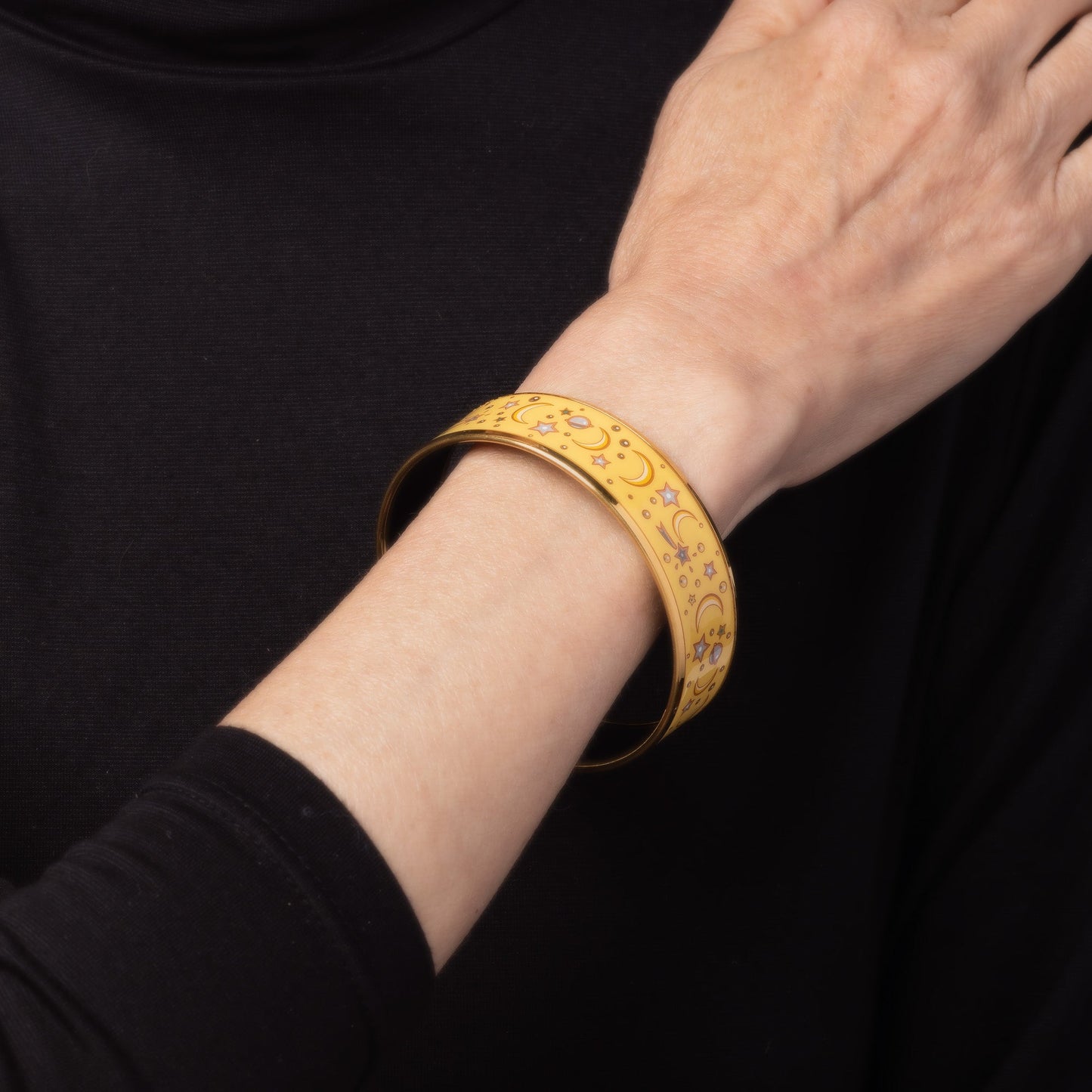 Hermes Enamel Bangle Bracelet Moon Star Wide 62 PM Yellow Celestial