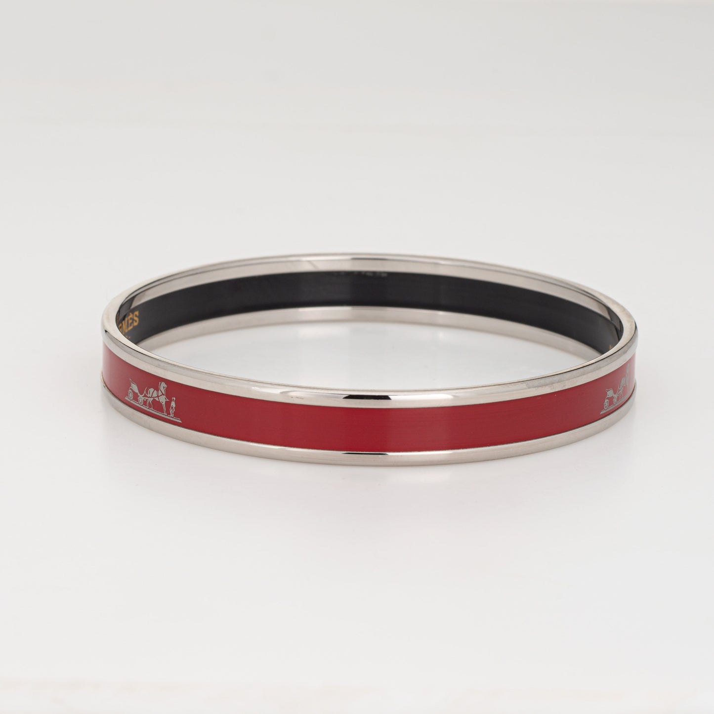 Hermes Red Enamel Bangle Bracelet Horse Carriage Motif Narrow 65 Size Small