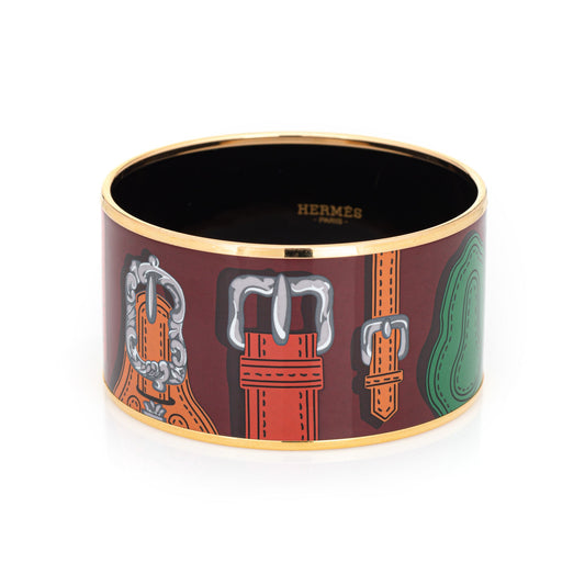 Hermes Enamel Bangle Bracelet Belt Motif 3.5cm Wide Yellow Gold Tone