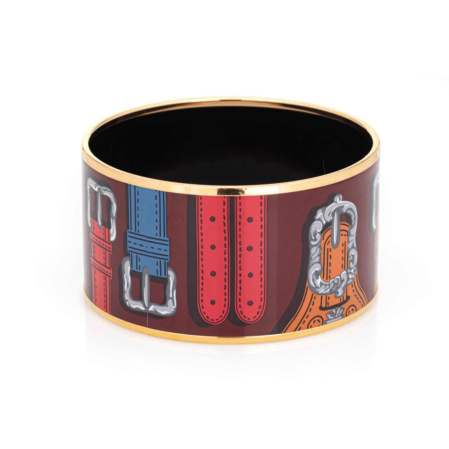 Hermes Enamel Bangle Bracelet Belt Motif 3.5cm Wide Yellow Gold Tone