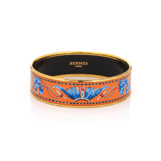 Hermes Enamel Bangle Bracelet Wide 65 PM Feather Pattern Blue Orange Turquoise