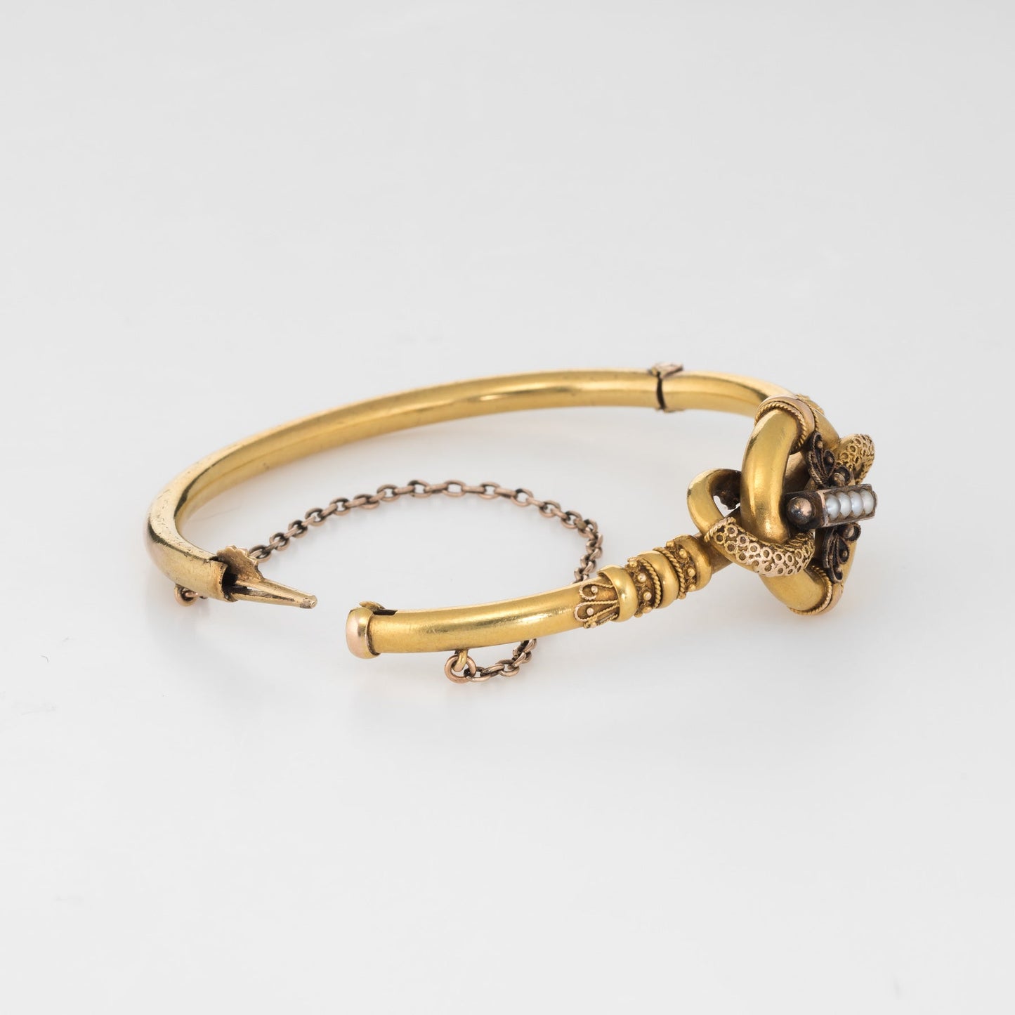 Antique Victorian Etruscan Revival Bracelet 14k Yellow Gold Seed Pearl Bangle