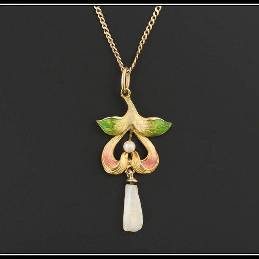 Antique Enamel and Pearl Pendant of 10k Gold