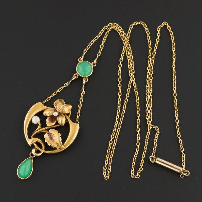 Antique Chrysoprase Necklace | 14k Gold Art Nouveau Necklace