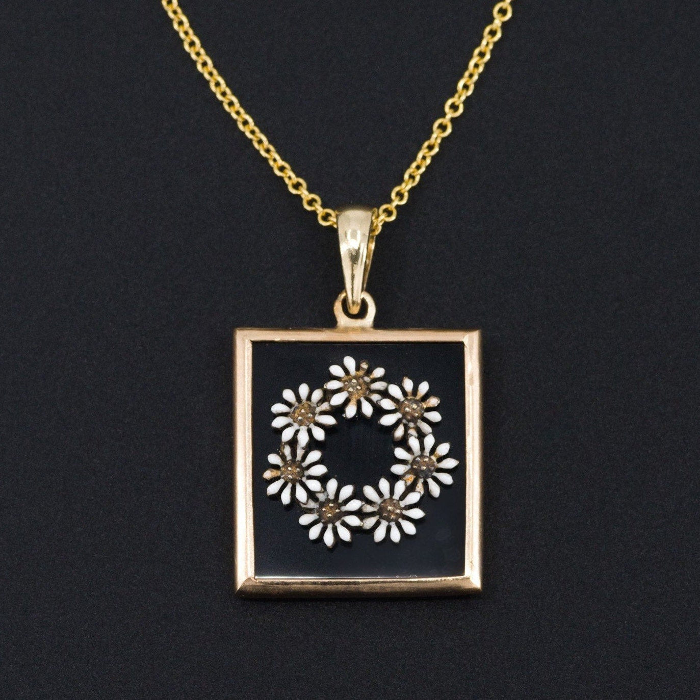 Antique Enamel Daisy on Onyx Conversion Pendant of 14k Gold