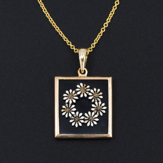 Antique Enamel Daisy on Onyx Conversion Pendant of 14k Gold