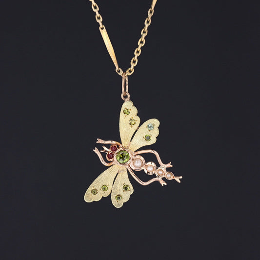Antique Dragonfly Pendant | 14k Gold & Gemstone Dragonfly on Optional 14k Chain