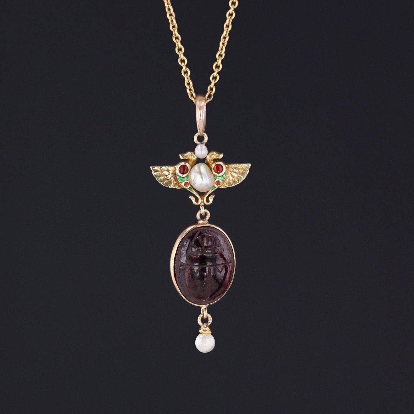 Antique Egyptian Revival Garnet Pendant of 14k Gold