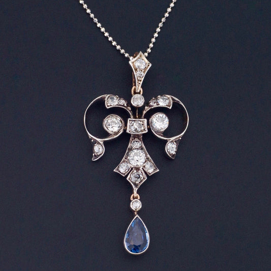 Antique Diamond and Sapphire Pendant | Silver Topped 14k Gold Pendant on Optional 14k Chain