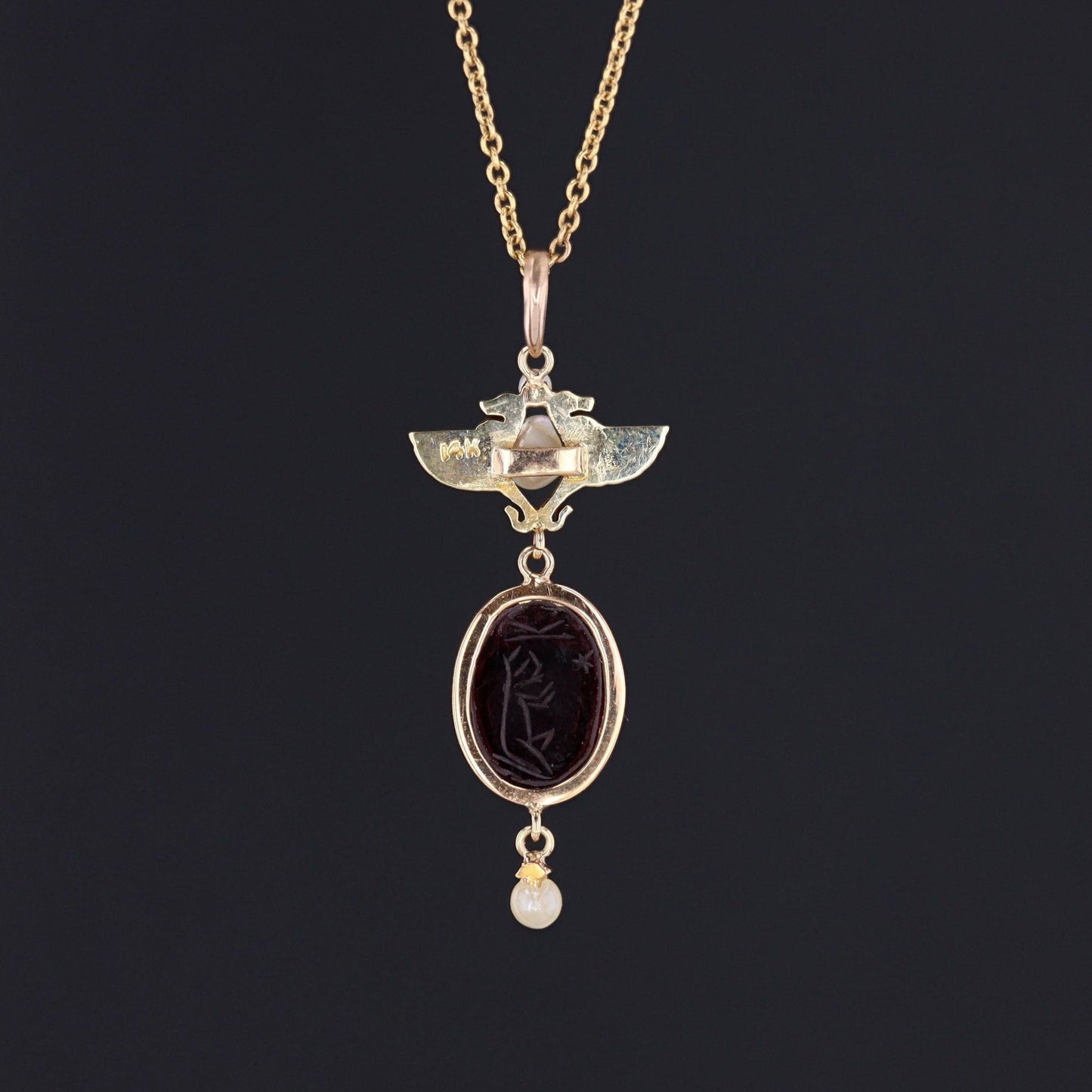 Antique Egyptian Revival Garnet Pendant of 14k Gold