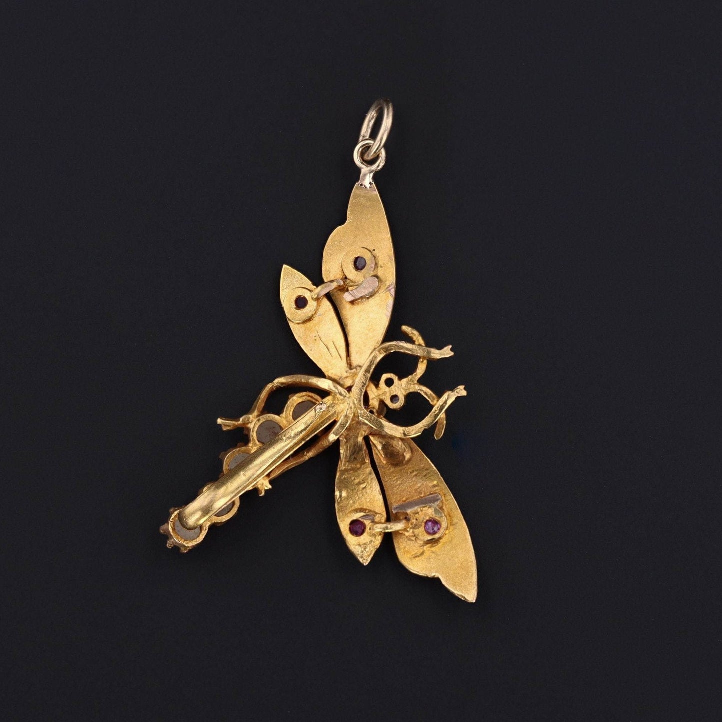 Antique Dragonfly Pendant | 18k Gold Pearl and Ruby Dragonfly Pendant