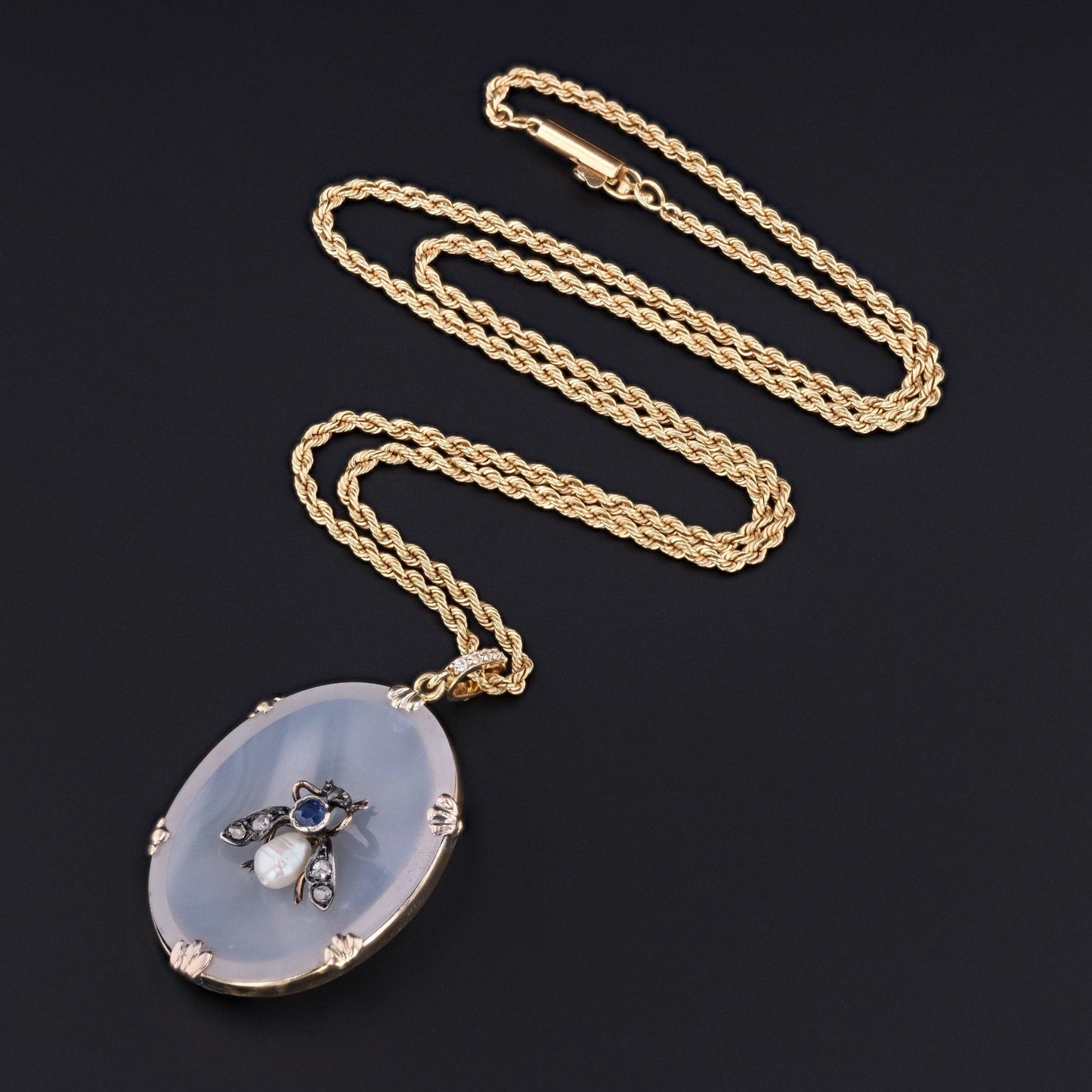 Antique Chalcedony and Gemstone Bug Pendant on 14k Gold