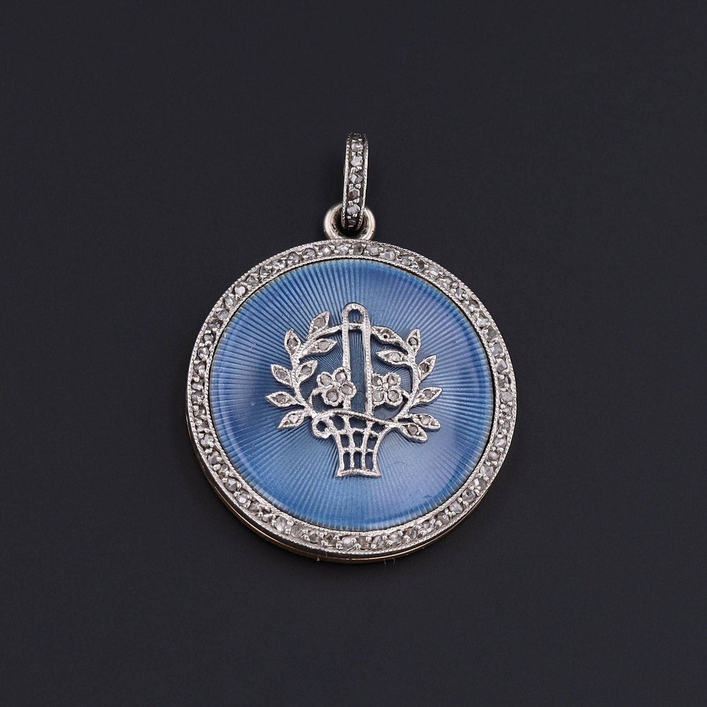 Antique Diamond and Guilloche Enamel Flower Basket Locket