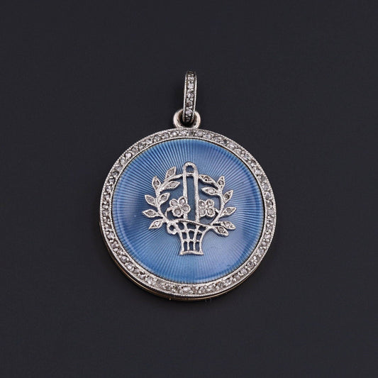 Antique Diamond and Guilloche Enamel Flower Basket Locket