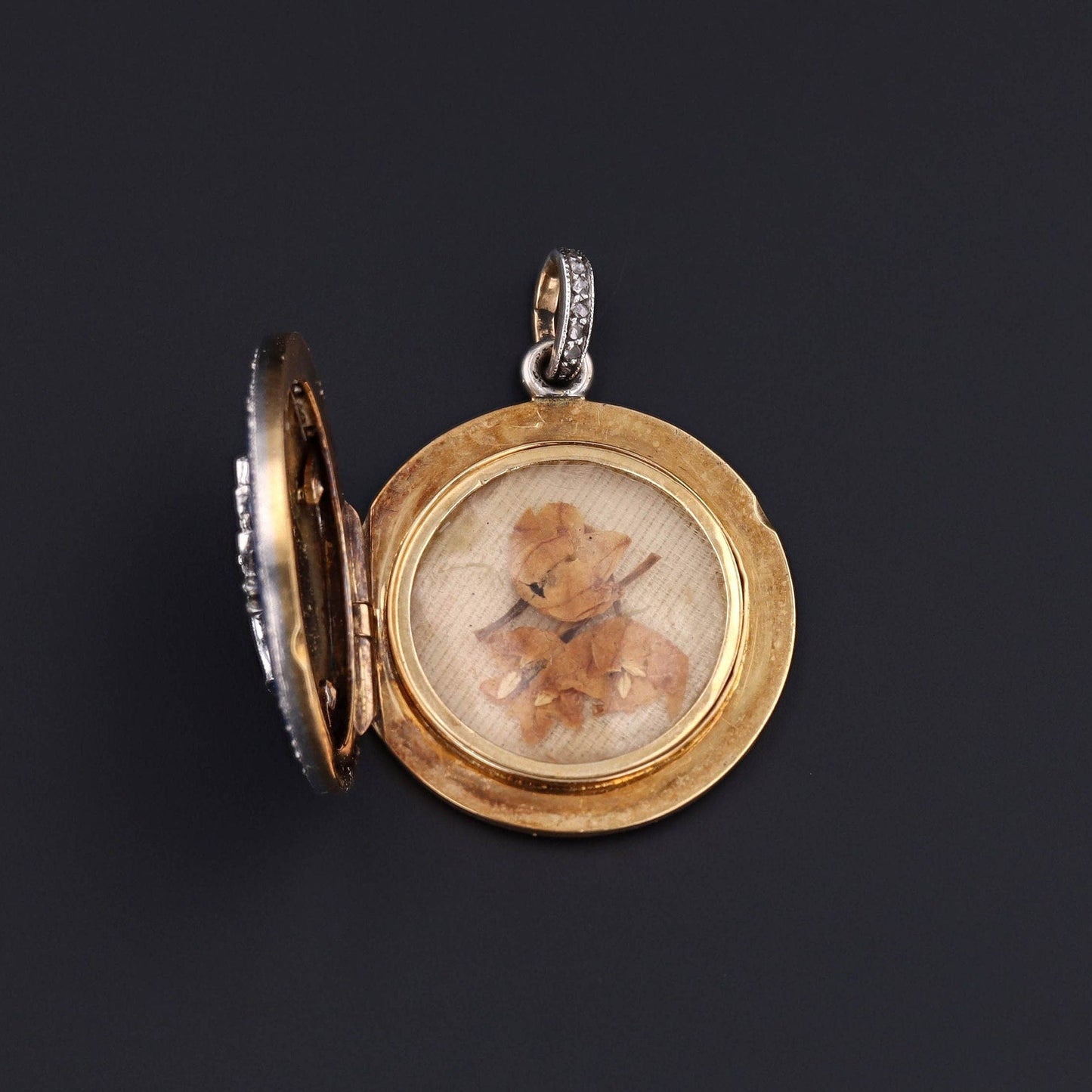 Antique Diamond and Guilloche Enamel Flower Basket Locket