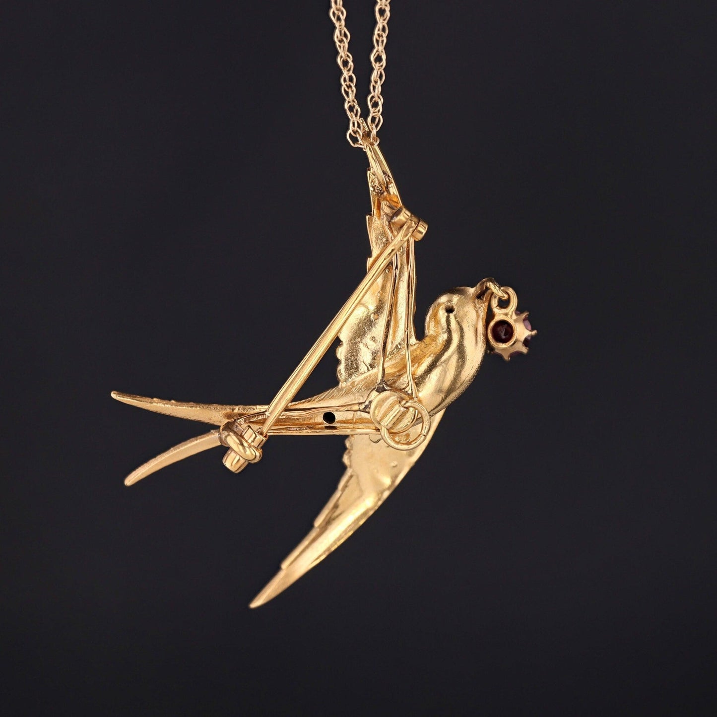 Antique Diamond and Ruby Swallow Bird Pendant or Brooch of 14k Gold