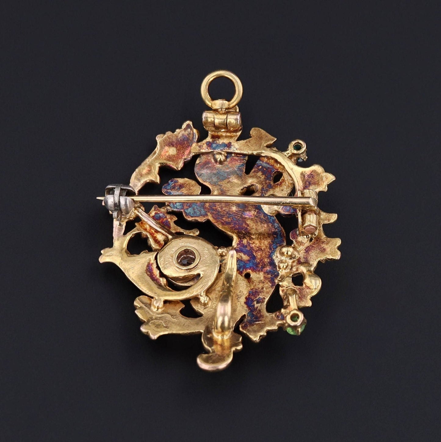 Antique Diamond and Demantoid Garnet Cherub Pendant of 14k Gold