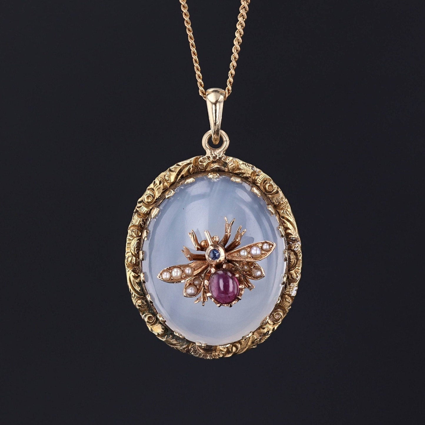 Antique Chalcedony Insect Conversion Pendant of 14k Gold