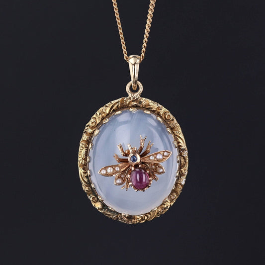 Antique Chalcedony Insect Conversion Pendant of 14k Gold