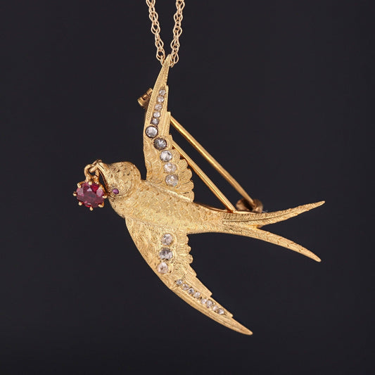 Antique Diamond and Ruby Swallow Bird Pendant or Brooch of 14k Gold