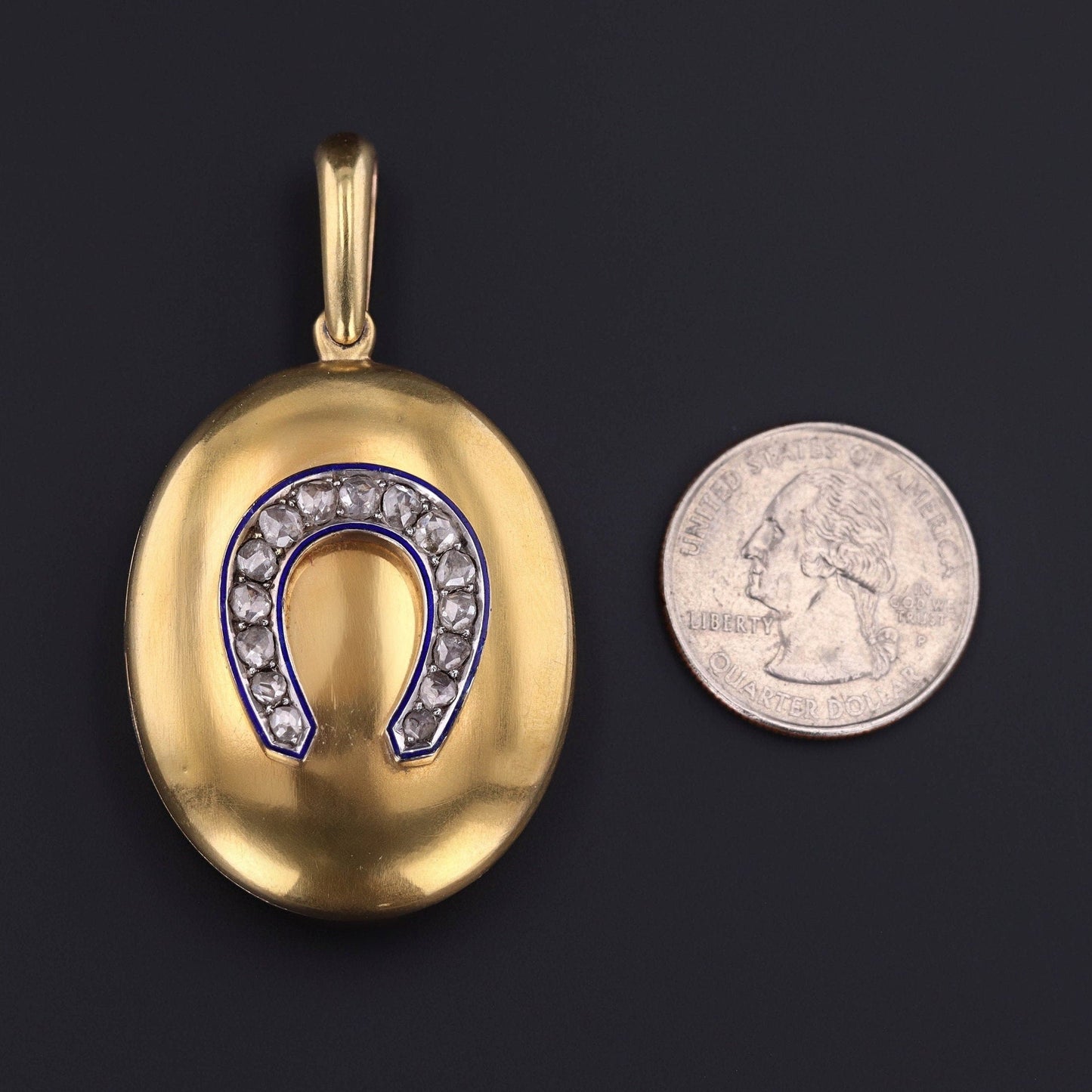 Antique Enamel and Diamond Horseshoe Locket of 14k Gold