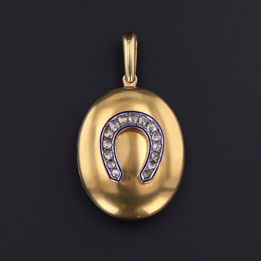 Antique Enamel and Diamond Horseshoe Locket of 14k Gold