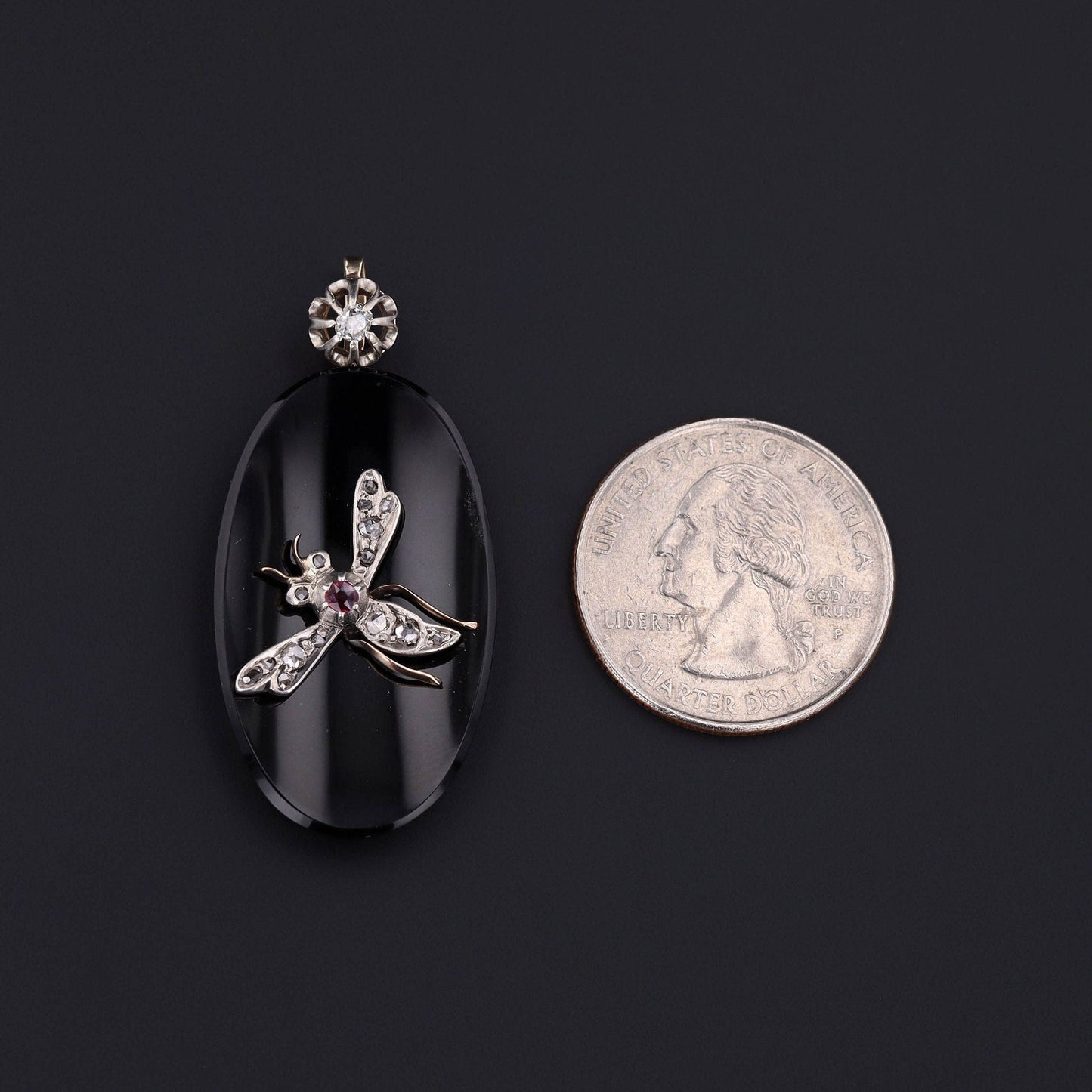 Antique Diamond Ruby and Onyx Insect Pendant of 14k Gold