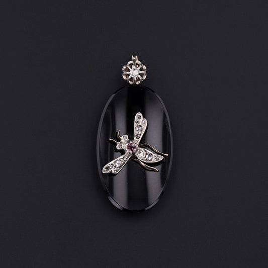 Antique Diamond Ruby and Onyx Insect Pendant of 14k Gold