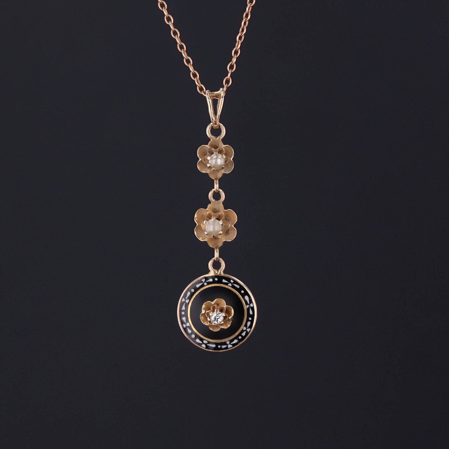 Antique Diamond and Enamel Lavalier Pendant of 10k Gold