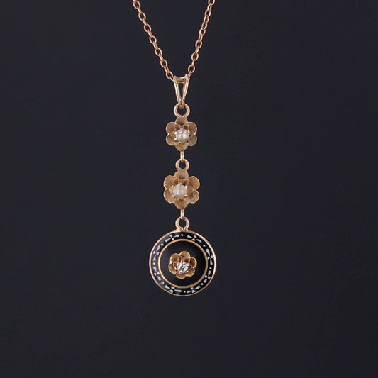 Antique Diamond and Enamel Lavalier Pendant of 10k Gold