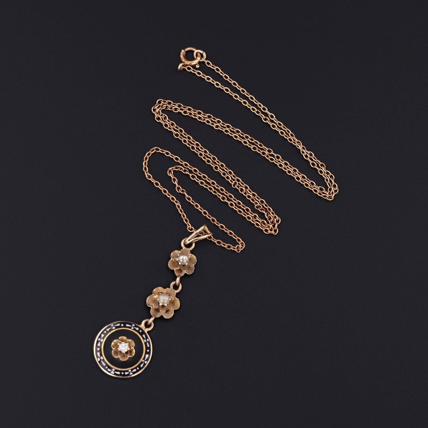 Antique Diamond and Enamel Lavalier Pendant of 10k Gold